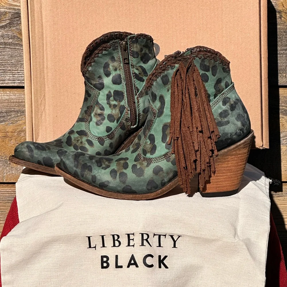 LIBERTY Black Green Leopard Ankle Boots - Picture 1 of 4